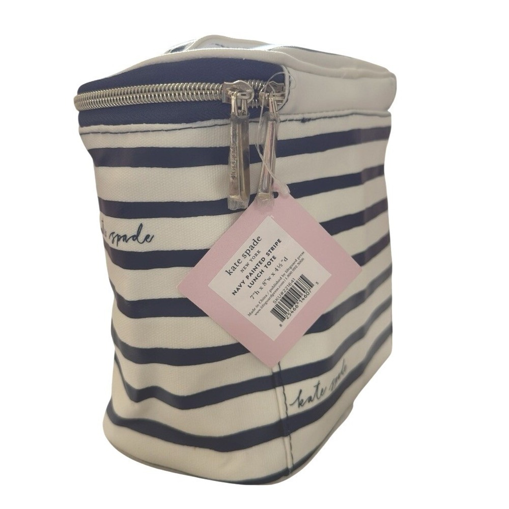 Kate Spade Womens Lunch Tote Bag Navy Cream Striped Insulated Zip Travel Cooler - Picture 5 of 8